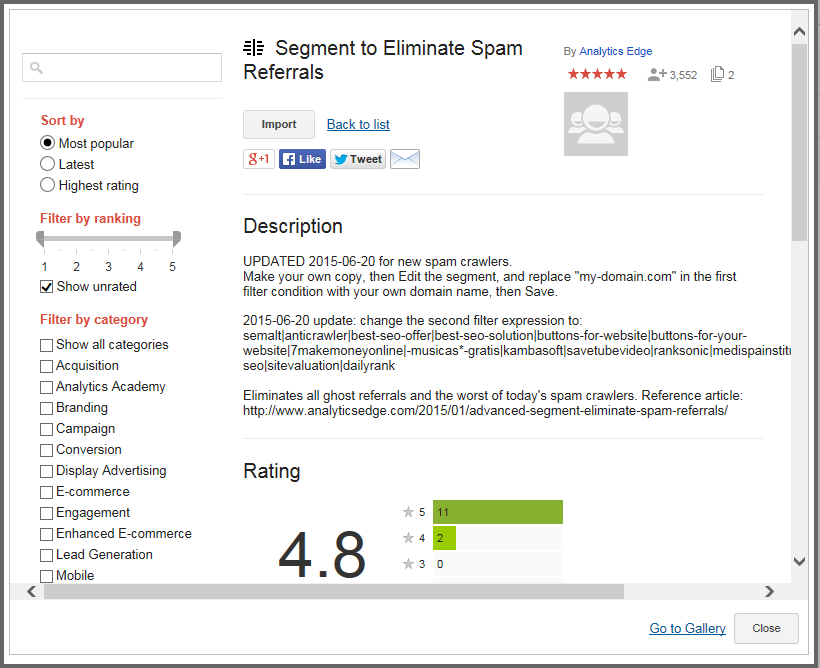 Spam referral remove segment in Google Analytics gallery