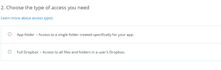 Seleccionar tipo de acceso a Dropbox