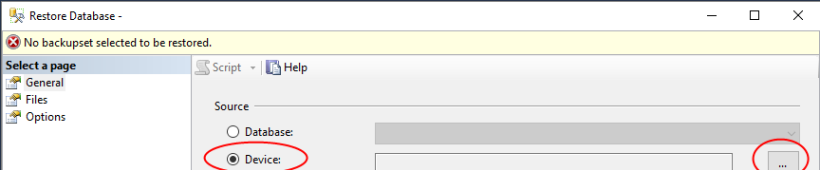 Select the restore from device option
