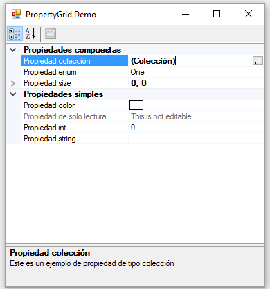 El control PropertyGrid en ejecución