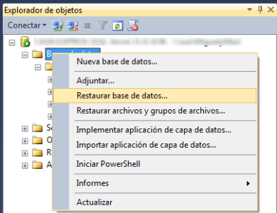 Opción restaurar base de datos en SQL Server
