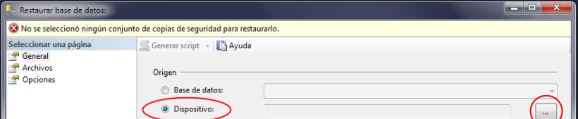 Seleccionar la opción de restaurar desde dispositivo