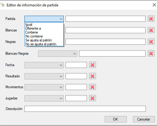 Editor de selección de información de partida