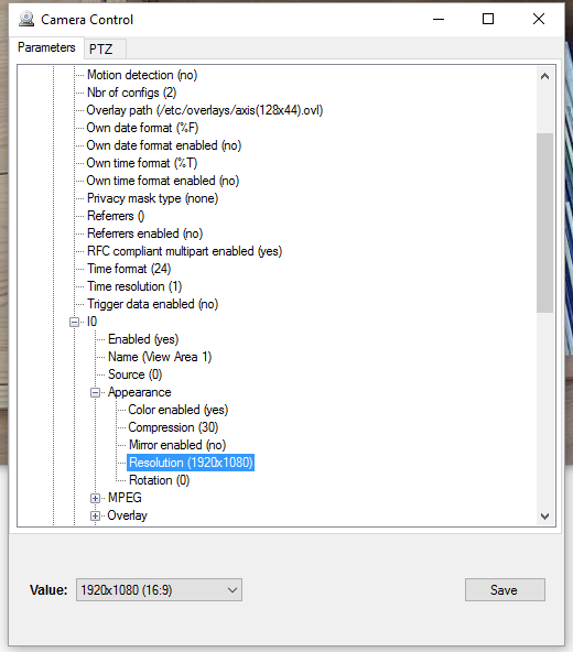 Axis IP camera parameters