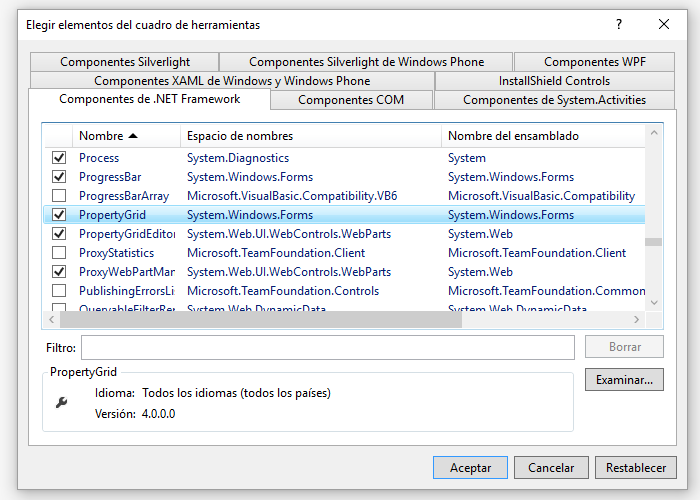 Seleccionar el control PropertyGrid en el cuadro de diálogo de componentes del cuadro de herramientas